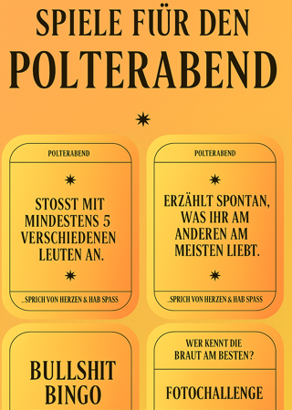 Polterabend Spiele-Set – Karten, Bingo, Braut-Quiz & Fotochallenge