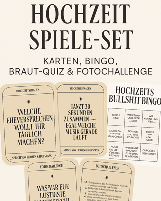 Hochzeit Spiele-Set – Karten, Bingo, Braut-Quiz & Fotochallenge