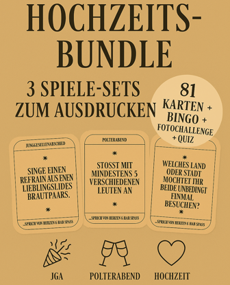 Hochzeits-Spiele - Bundle – 3 Spiele-Sets für JGA, Polterabend & Hochzeit