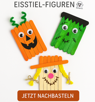 Halloween basteln mit Kindern – Kürbis, Frankenstein & Vogelscheuche aus Eisstielen