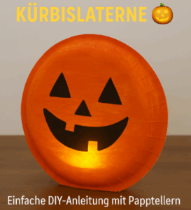 Halloween basteln mit Kindern – Kürbislaterne aus Papptellern
